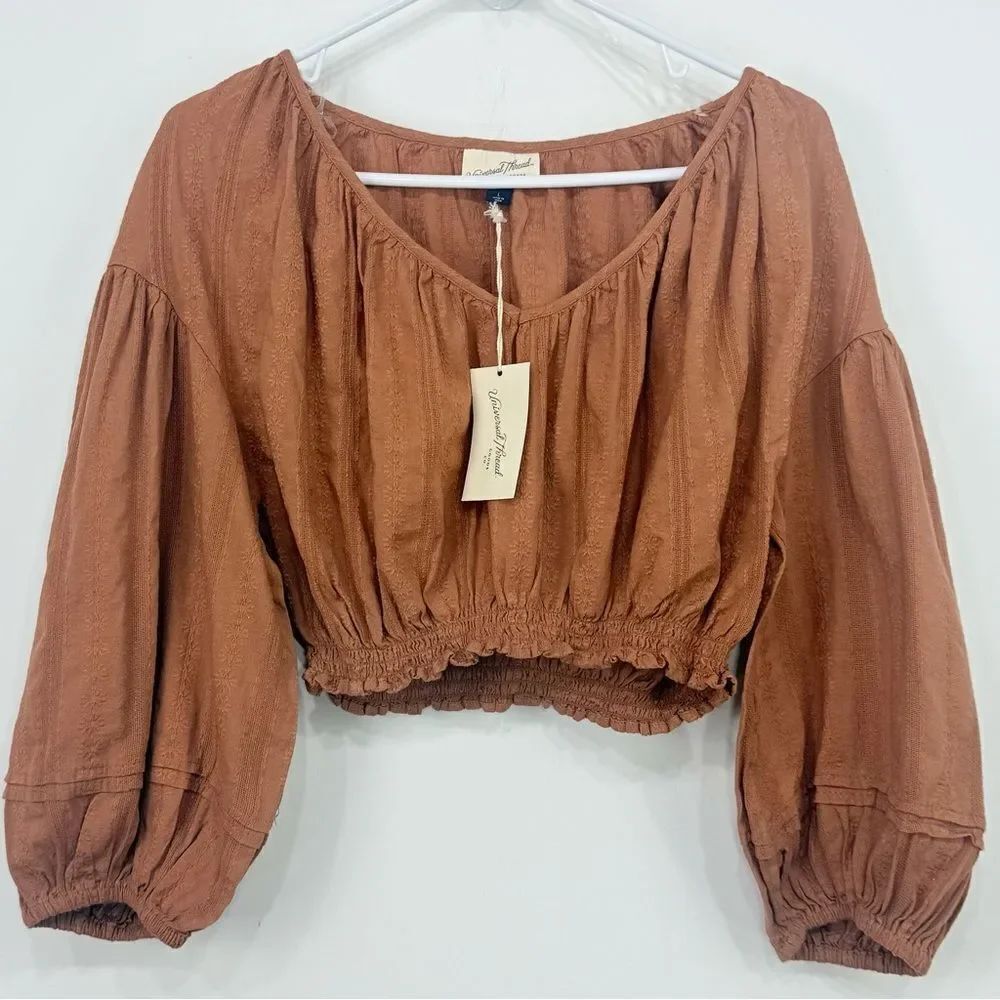 Universal Thread Rust Brown Cropped Puff Sleeve Peasant Blouse NEW